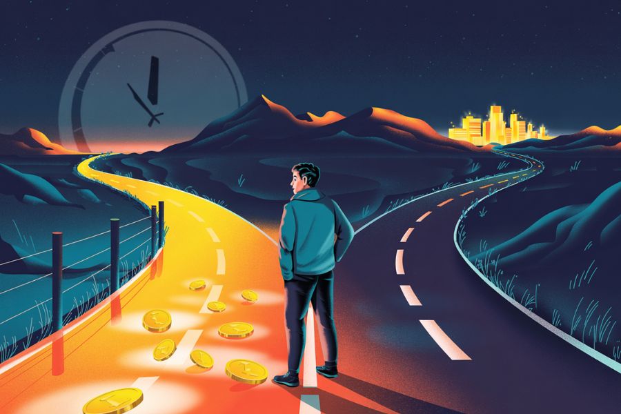 basariya giden iki yol ayrimindaki bir insan